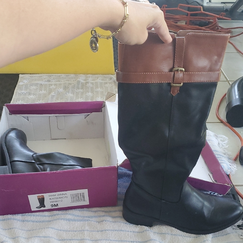Rampage Black and Brown Over the Knee Boots with Buckle Detail